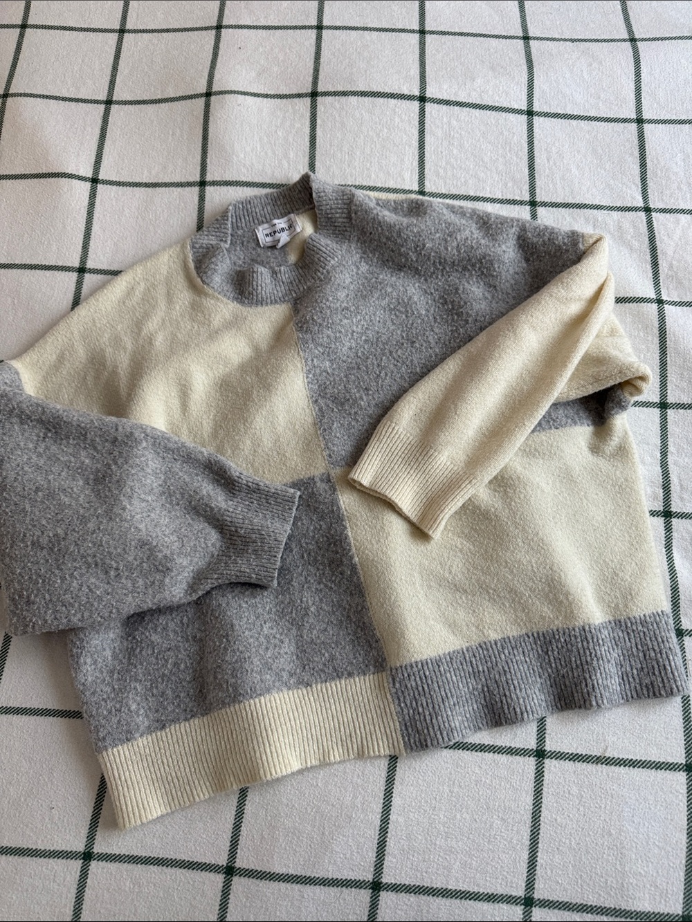 For The Republic Gray and Cream Colorblock Crewneck Sweater